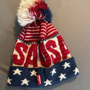 Robin Ruth knit Beanie - Red, Blue, and white.